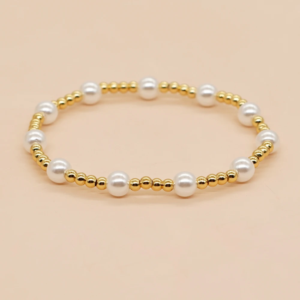 Bracelet chaîne et perles blanches véritables 6.5-7.0mm en or jaune 10