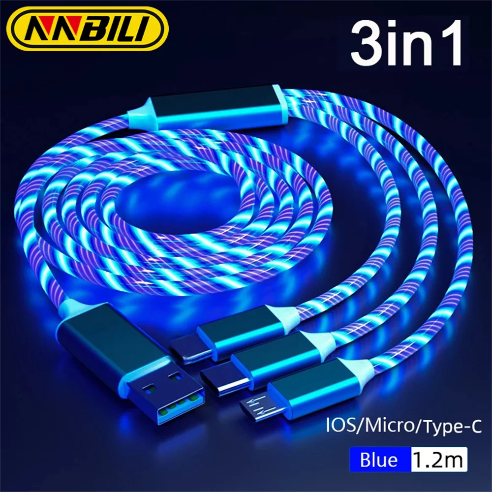 NNBILLI Glowing LED Light 3in1 3A Fast Charging Micro USB Type C Cable For iPhone Samsung Xiaomi Redmi Huawei Phone Accessories Best Sellers In Phones Accessories