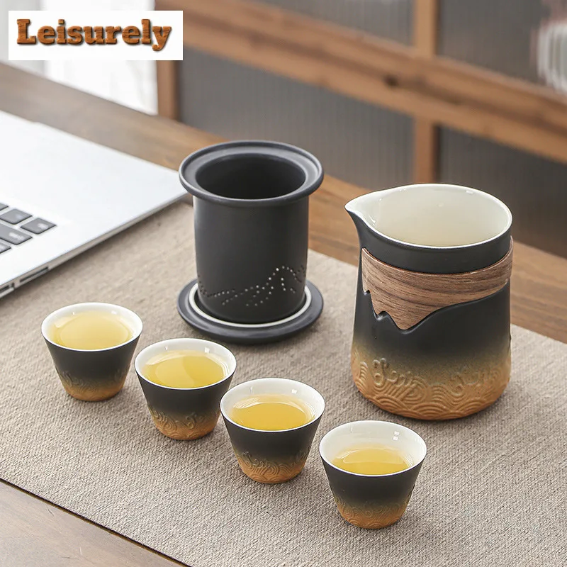 Coarse Pottery Travel Tea Set Kit 1 Teapot 4 Cups Portable Outdoor Camping Teapot And Tea Cup With Bag Teaware Making Tea Tool