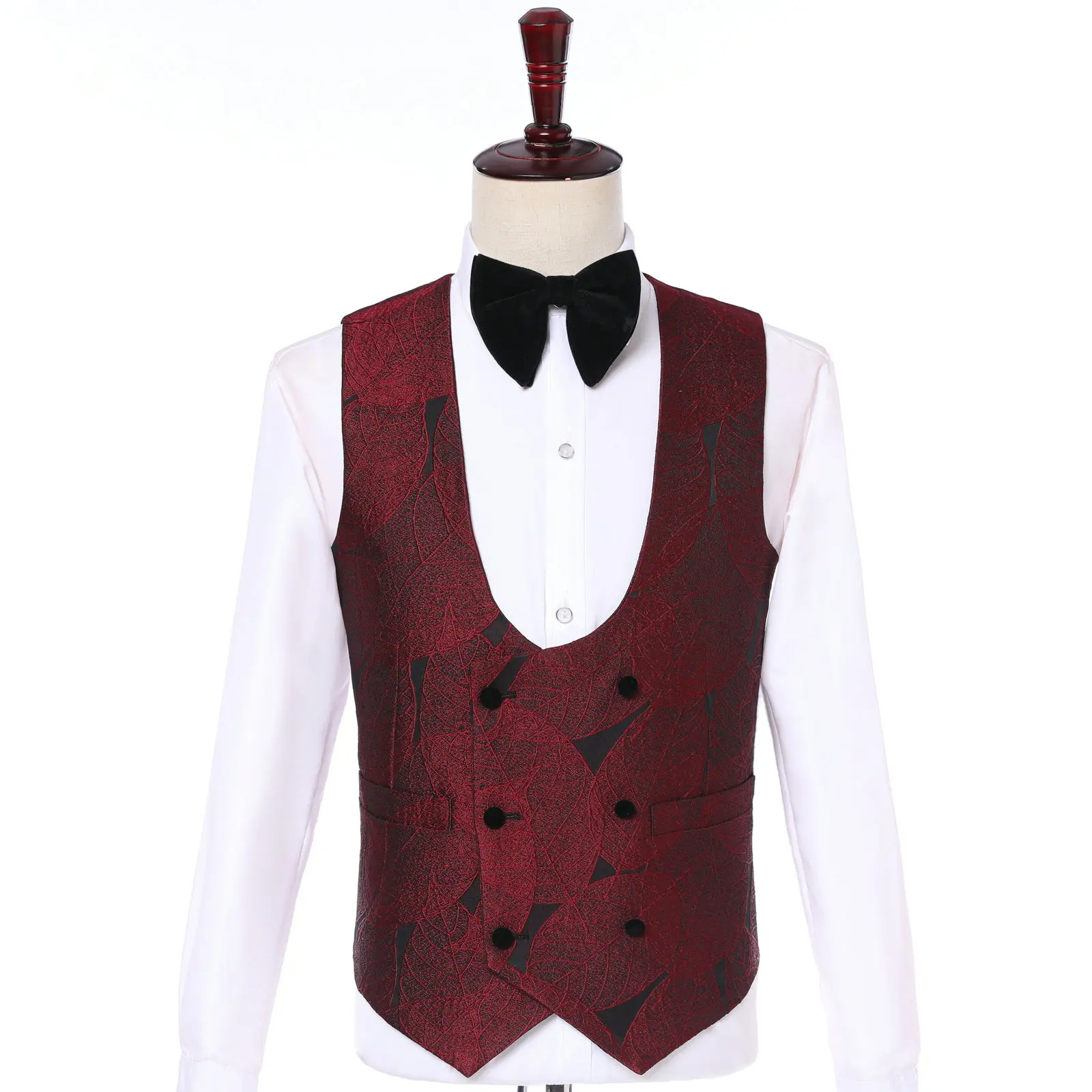 Elegant Groom Dress Classic Italian Tuxedos Suit Design Burgundy Leaves Velvet Lapel Men Suits For Wedding Party Tuxedos