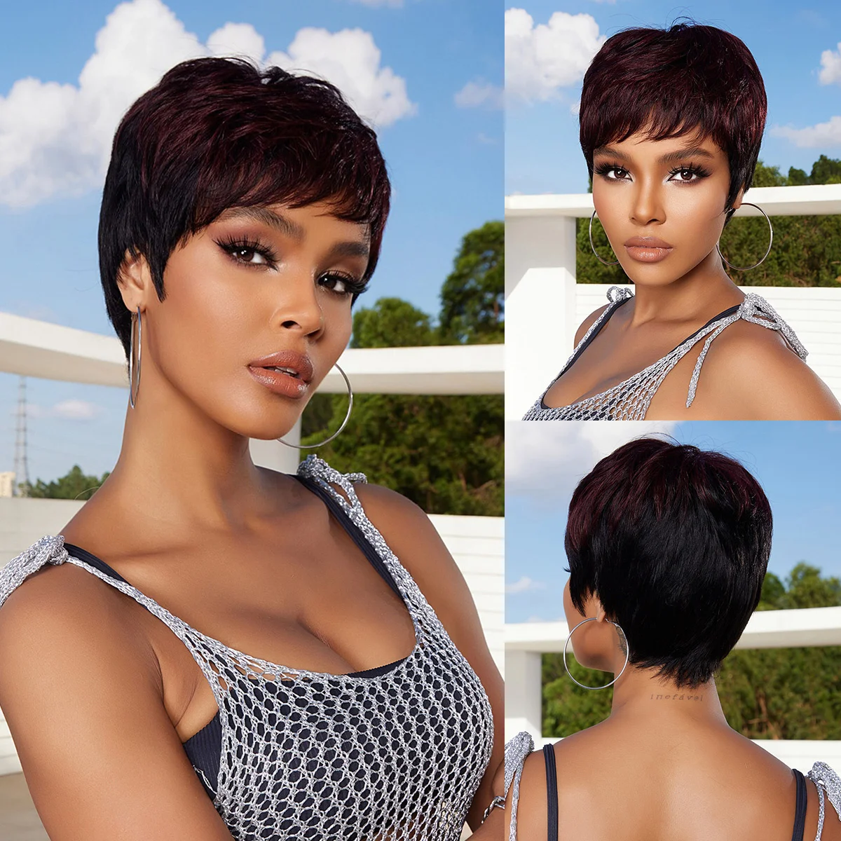 Short Pixie Cut Bob Human Hair Wigs Natural Black Remy Human Hair with Dark Wine Bangs 6inches Straight Wig for Afro Women Daily