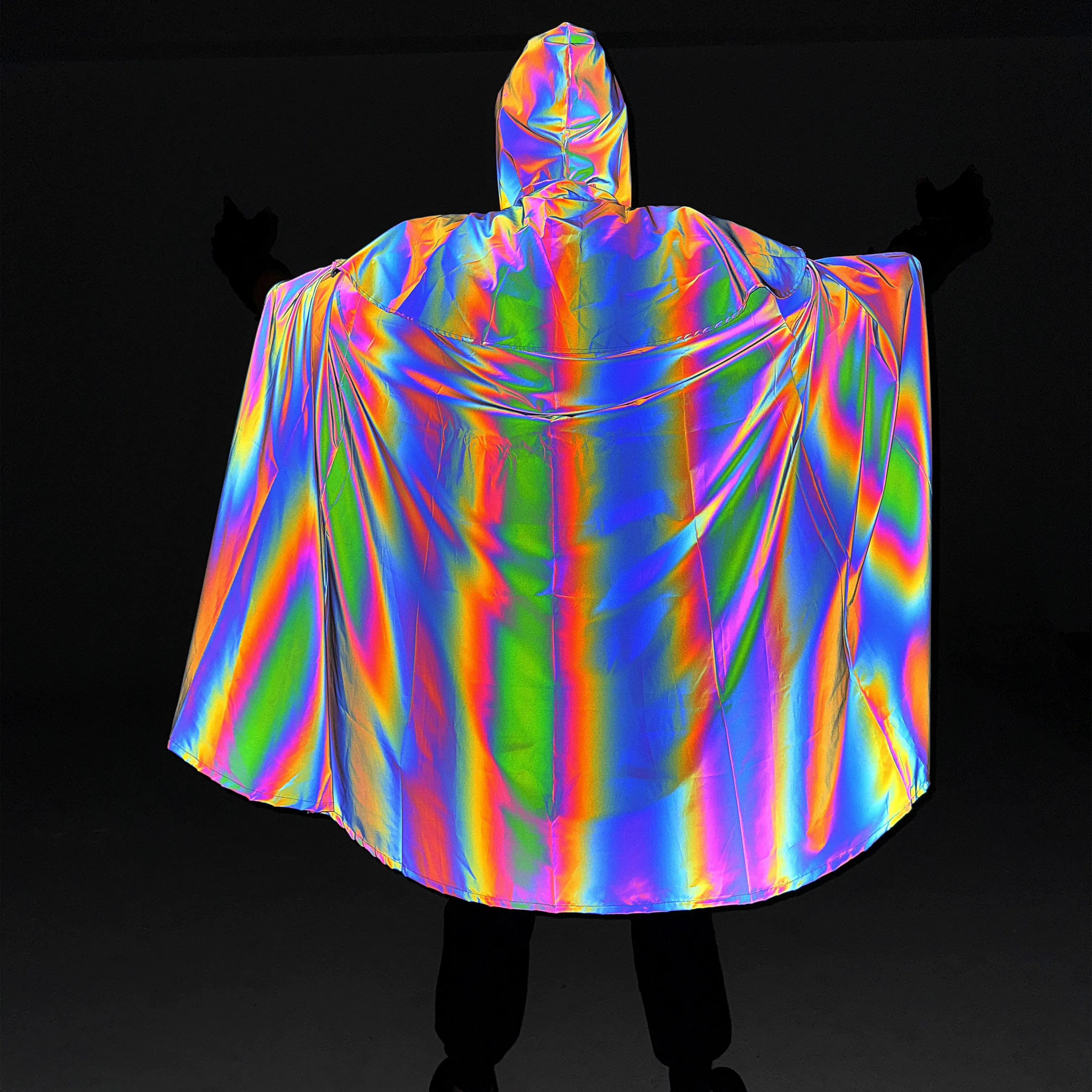 New Design Halloween Party Reflective Rainbow Hooded Cape Long Goth Coat Outfit