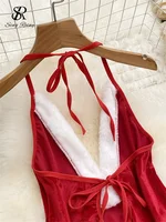 SINGREINY noël Cosplay vêtements de nuit combishort profond V ouvert entrejambe gaine body femmes Sexy tentation velours dos nu barboteuses 4