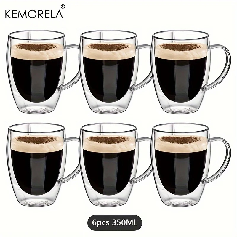 Set of Double Wall Glass Coffee Mugs with Handle - 350ml Transparent Cappuccino and Tea Cups