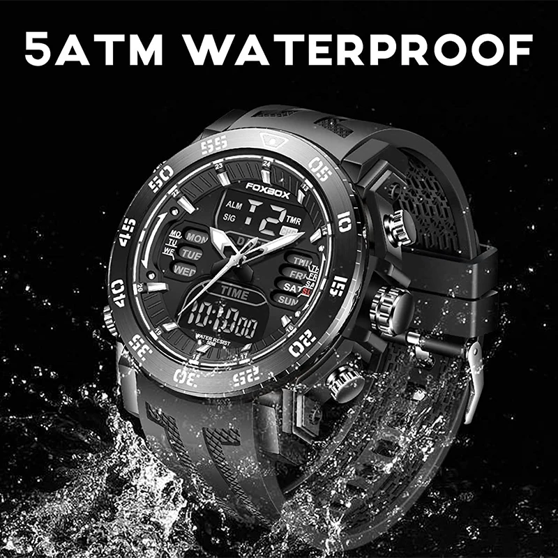 Top Brand FOXBOX Fashion Man Quartz WristWatch Dual Display Digital Sport Watch Waterproof Alarm Clock Luminous Military Watches