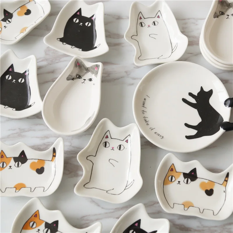 Japanese Ceramic Cat Sauce Dish Kitten Shaped Seasoning Plate Kitchen Tableware Accessories Household Dessert Decoration Dishes sauce dishes ceramic dessert plates seasoning dishes