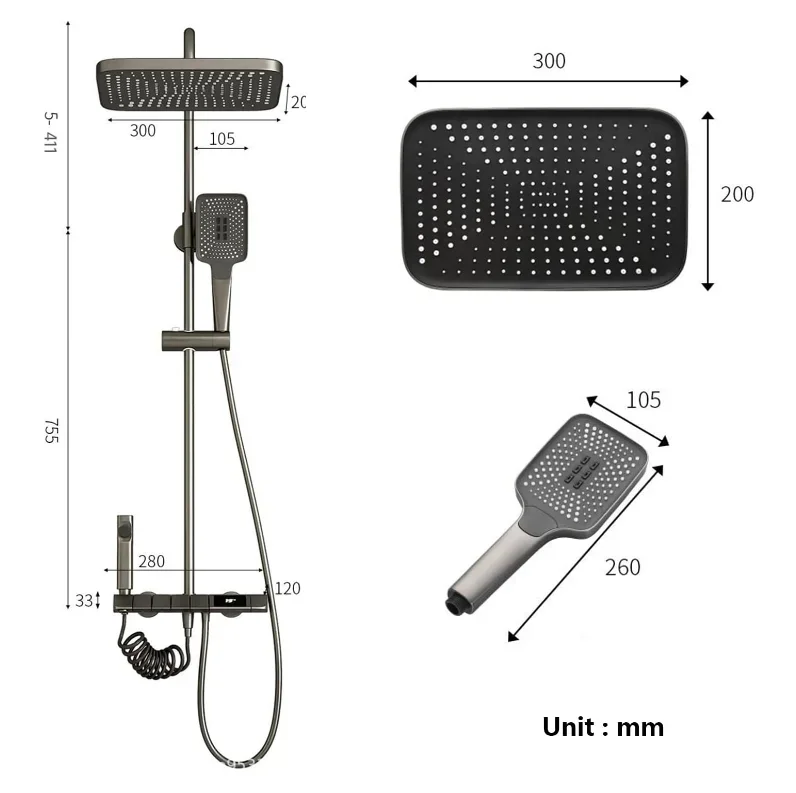 Piano Key Gun Gray Digital Display Shower System 4 Function Bathroom Rain Shower Combo Set with 3 Mode Bidet Sprayer 5