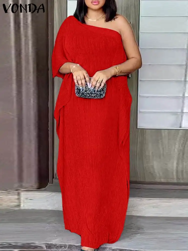 

VONDA 2024 женское летнее сексуальное Макси-платье с открытыми плечами, элегантный повседневный свободный однотонный длинный сарафан с рукавом 3/4, платье большого размера