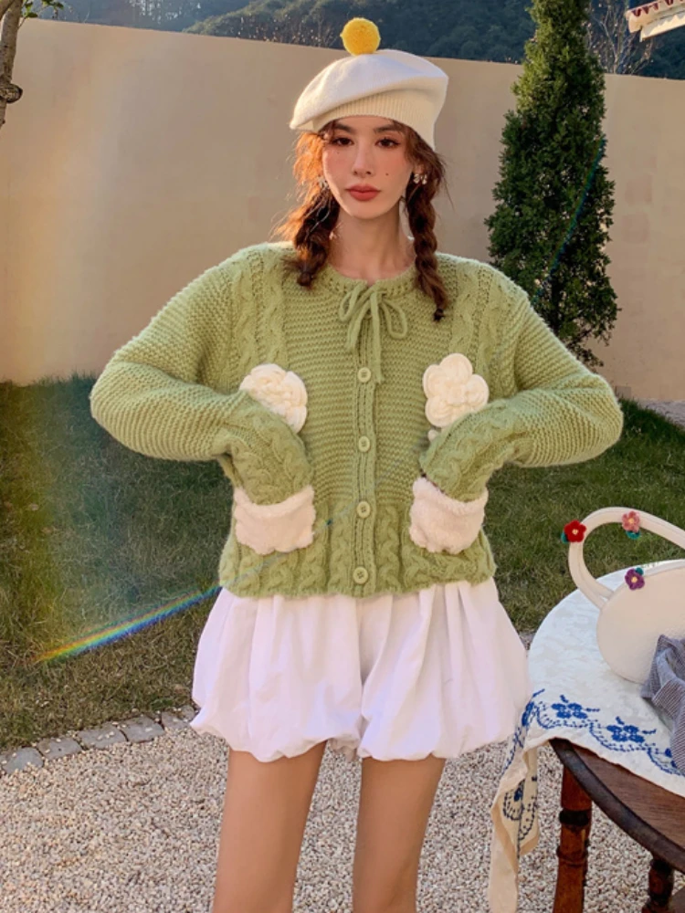 

Winter Women Knitted Sweaters Korean Style Kawaii Bow Lace-up V Collar Lolita Cardigans Chic Chaqueta Mujer Tops Knit Outerwear