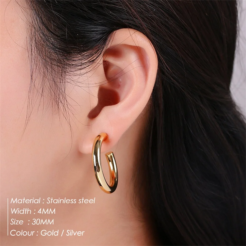 Klassische 18K Vergoldete Edelstahl-Creolen für Damen, 4mm Breite, Klobige Runde Ohrringe, Schmuckgeschenk – Detail 3