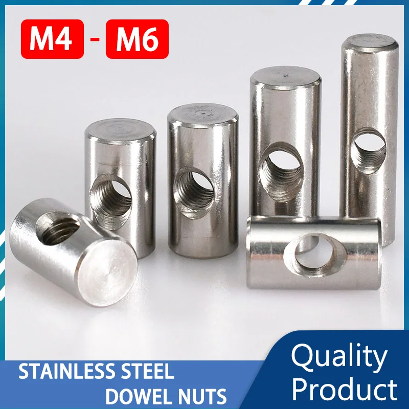 10Pcs Stainless Steel Embeded Nut Cylindrical Pin Dowel With Threaded Cross Hole For Wood Furniture M4
