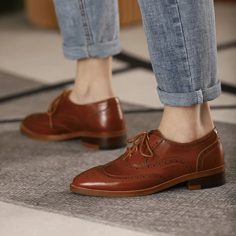 Women Oxford Shoes Spring/Autumn Women Shoes Genuine Leather for Brogues Vintage Lace up Casual Brown Handmade
