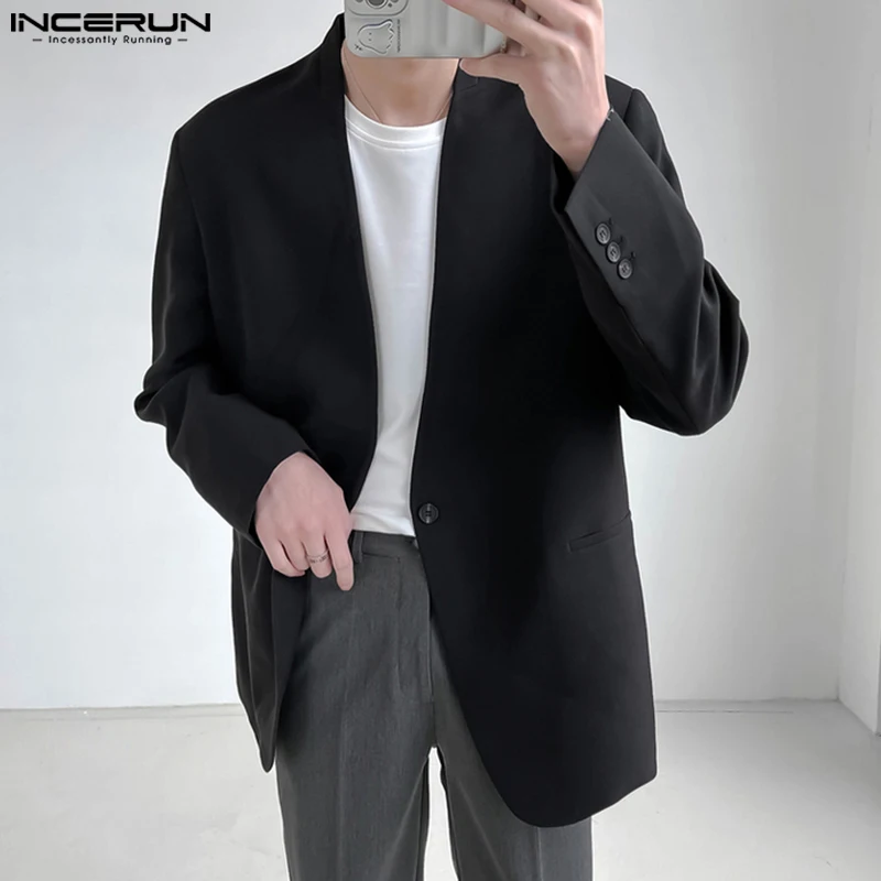 

2023 Men Blazer Solid Color V Neck Long Sleeve One Button Male Casual Suits Autumn Streetwear Korean Style Thin Coats INCERUN