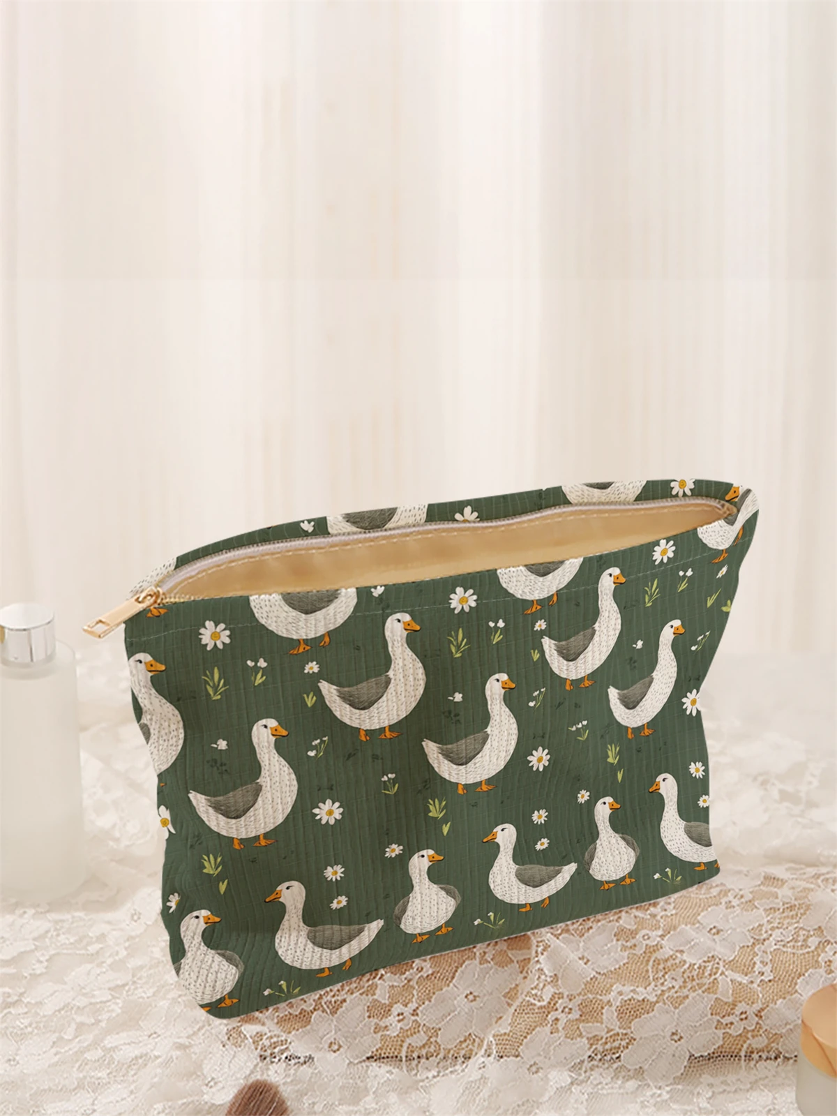 1pc duck pattern printed corduroy makeup bag, lightweight zipper makeup storage box, multifunctional bag with lining