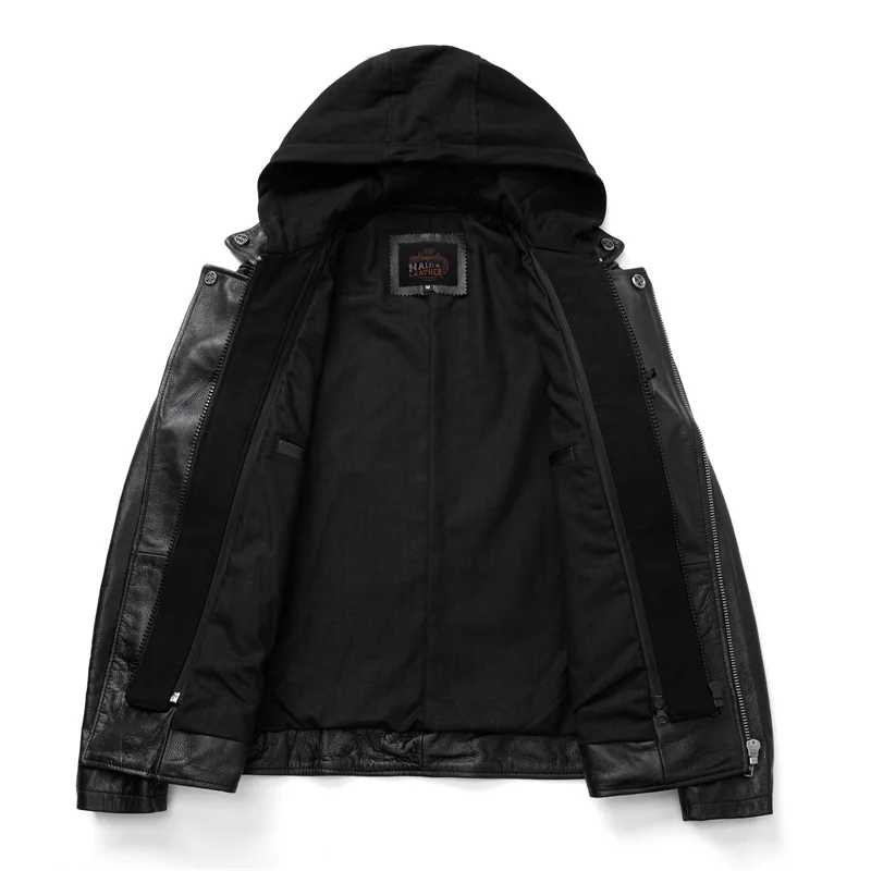 새로운 오토바이 가죽 재킷 남성용 소가죽 슬림핏 재킷 가을 방풍 및 따뜻한 오프로드 오토바이 후드 재킷