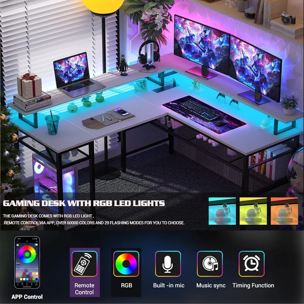 L-Shaped Desk with LED Strip and Power Outlets, Reversible Corner Computer Desk with Monitor Stand and Storage Shelf, 5