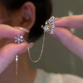 Korean Fashion Crystal Flower Butterfly Earrings For Women Jewelry 2025 Trending New Luxury Women's Butterfly Ear Clip Earrings