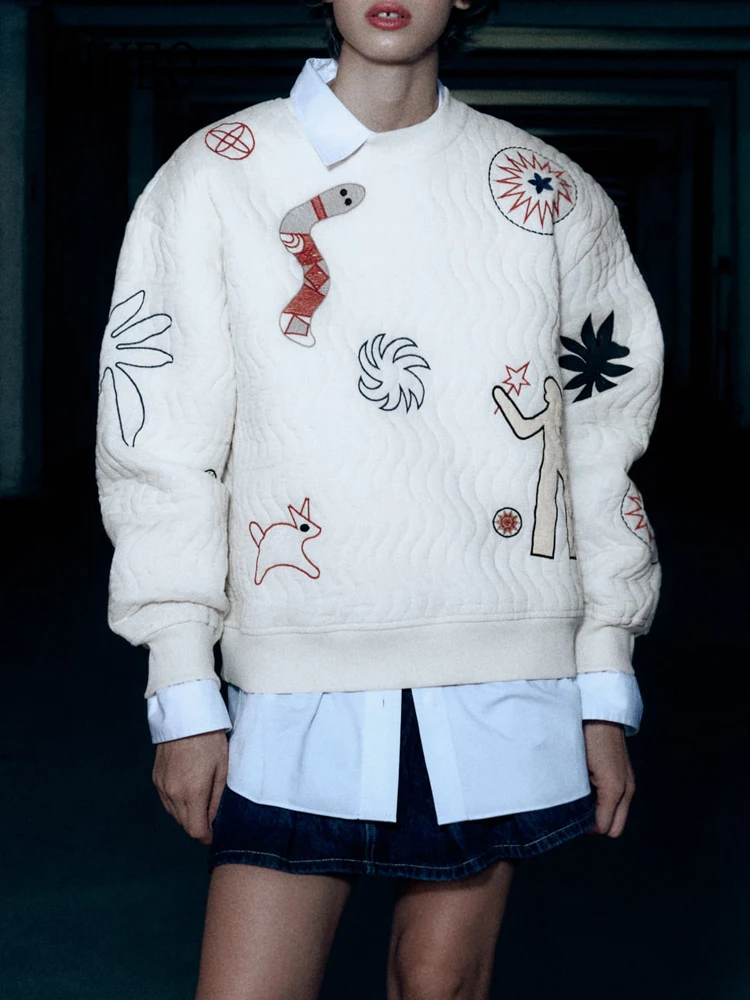 

Autumn winter Women embroidery qulited sweatshirt for women Fashion Drop sleeves pullove Top hoodies Oversize INKEO 2024 3O197