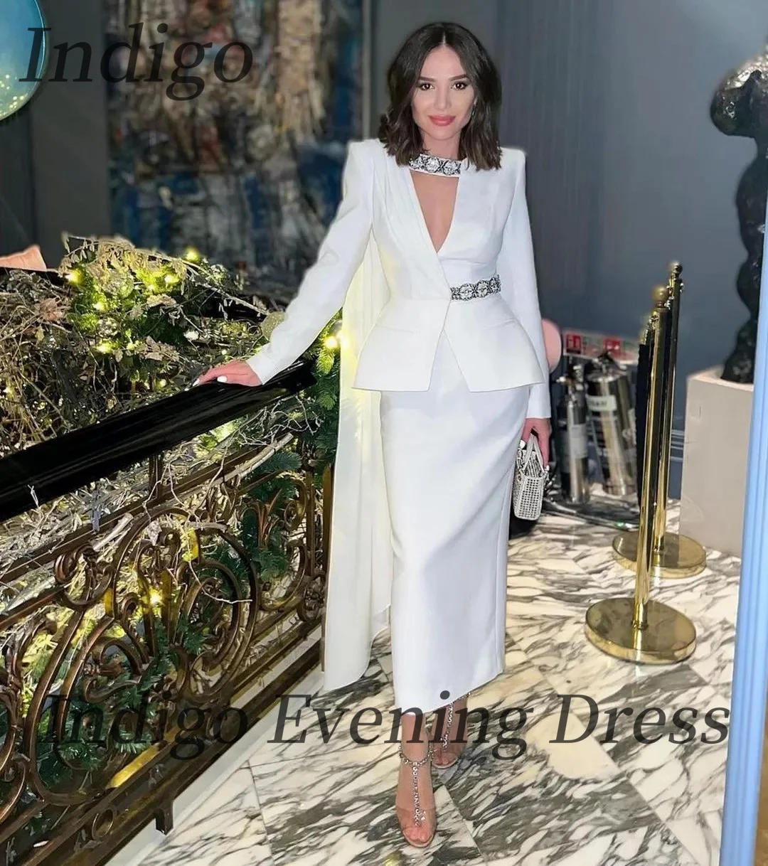 

Indigo White Two Pieces Prom Dress V Neck Mermaid V-Neck Long Sleeves Formal Party Gown 2024 فساتين السهرة Saudi Arabia