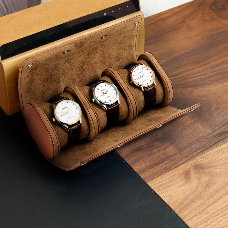3 Slots Vintage PU Leather Roll Travel watch Case, Portable Watch Organizer Display Storage Box For Men Gift