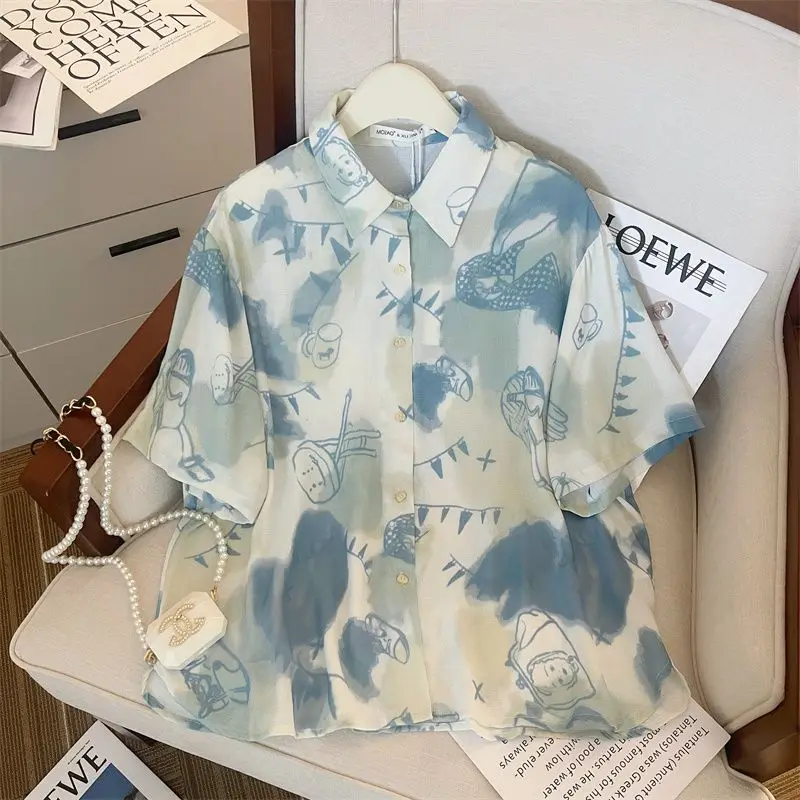 

XEJ Elegant Women Blouses Cool Tops Chiffon Blouse Shirts Woman Summer 2023 Beach Top Unique Print Tie Dyed Short Sleeve Shirt