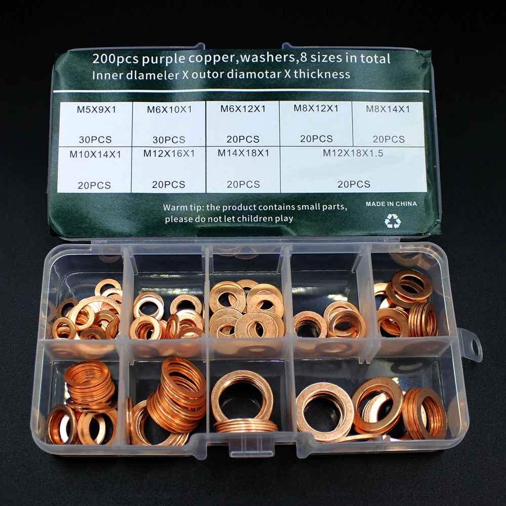 Copper Washer Gasket Nut and Bolt Set Flat Ring Seal Assortment Kit with Box //M8/M10/M12/M14 for Sump Plugs