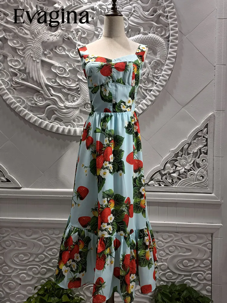

Evagina Spring/Summer Polyester Sexy Sweet Style Fruit Print High Waist Slim-Fit Suspenders Dress