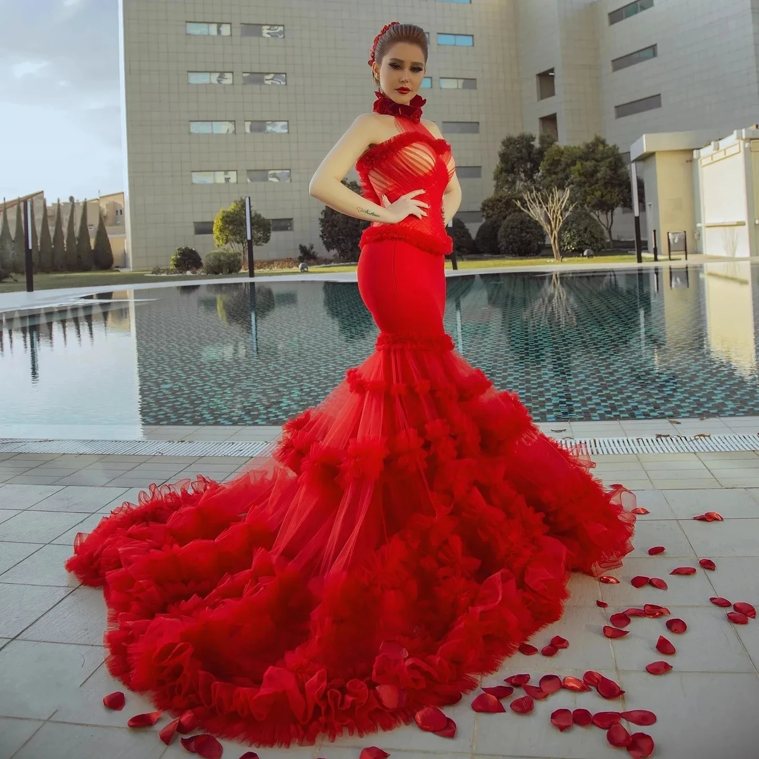 

Gorgeous Red Ruffled Tulle Prom Formal Dresses 3D Flower Halter Mermaid Bridal Wedding Gown Ruffle Tiered vestidos para mujer