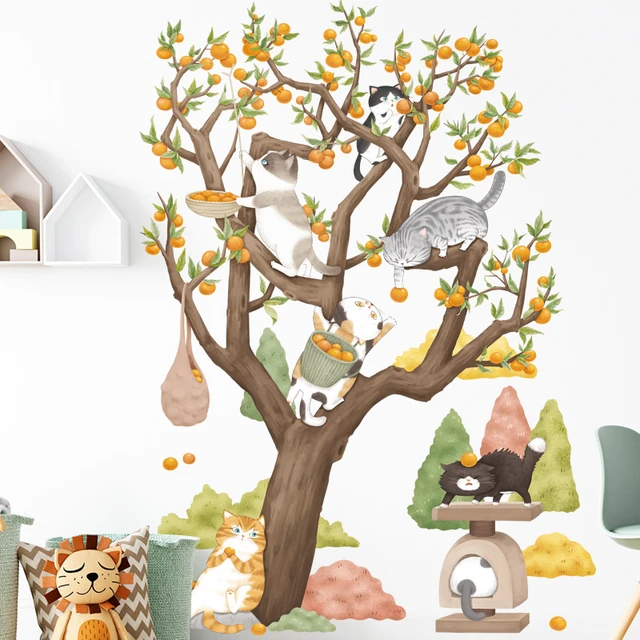 Hand-Painted Big Tree Stickers Cartoon Cat Watercolor Hill Home Decor Wall  Stickers Persimmon Tree Cartoon Animal - AliExpress