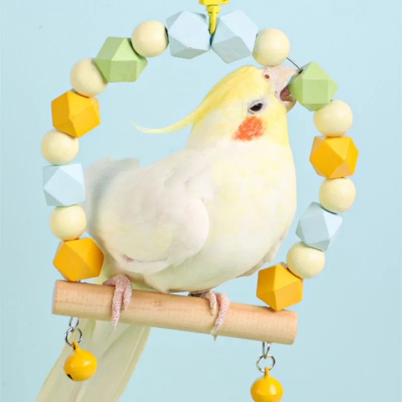 Wooden Parrot Swing Toy Bird Cage Accessories Bird Stand Rack Hanging Perch For Parrot Swing Toy with Colorful Beads Bells