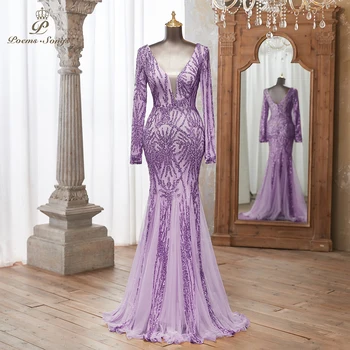 Luxurious Purple Long Sleeve Sequin  Evening dress Deep V-Neck Embellished Pattern Mermaid Formal Evening dress Special Events 1