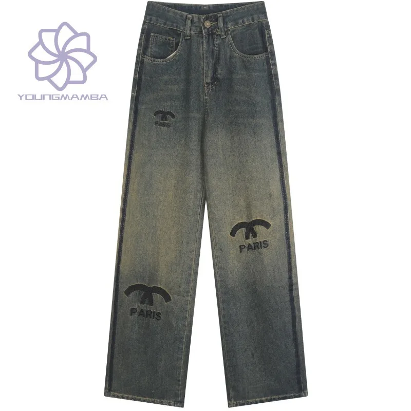 

2023 American Retro Contrast Embroidered Denim Pants Women Straight Wide Leg Jeans Female Loose Denim Trousers