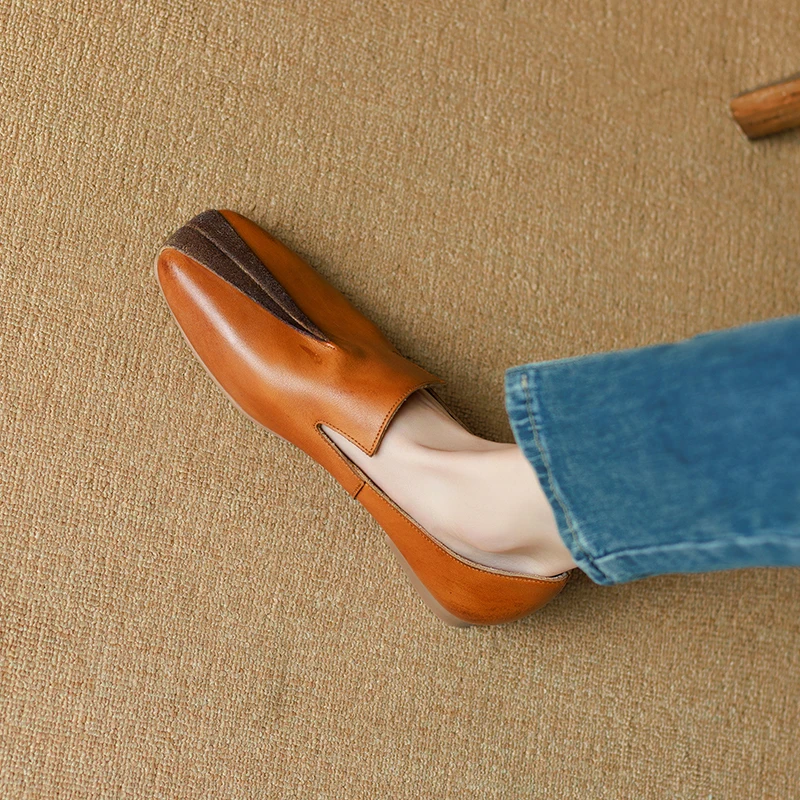 

Женские простые туфли из воловьей кожи, на плоской подошве, с квадратным носком