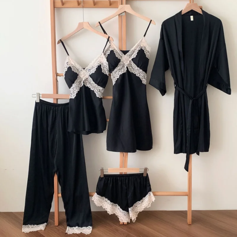 

Female Pajamas Five Piece Set Sleepwear Sexy Lace Trim Bathrobe Nightgown Lingerie Spring Summer Satin Pijamas Suit Homewear