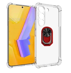 Enhanced Back Ring Holder Phone Case with TPU Soft Silicone Cover for Vivo T3 5G (Transparent C Red)