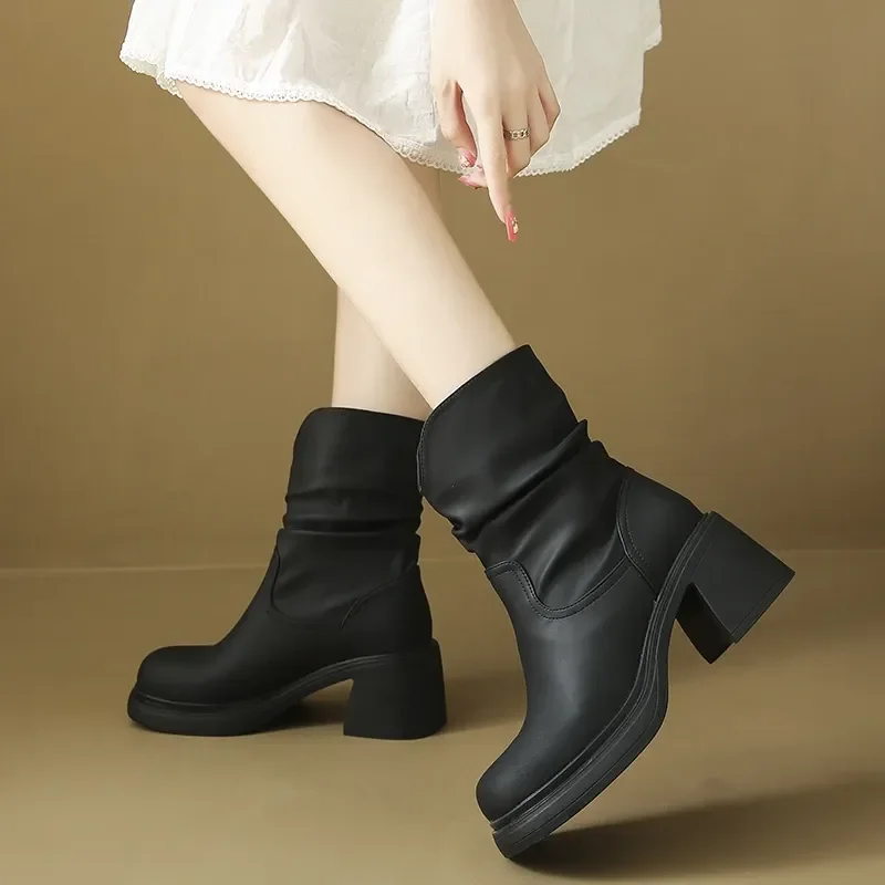 NEW British Style Round Toe Platform Womens Short Boots Soft Leather Pleated Slip-On Thick High Heels Ankle Boots Female Shoes