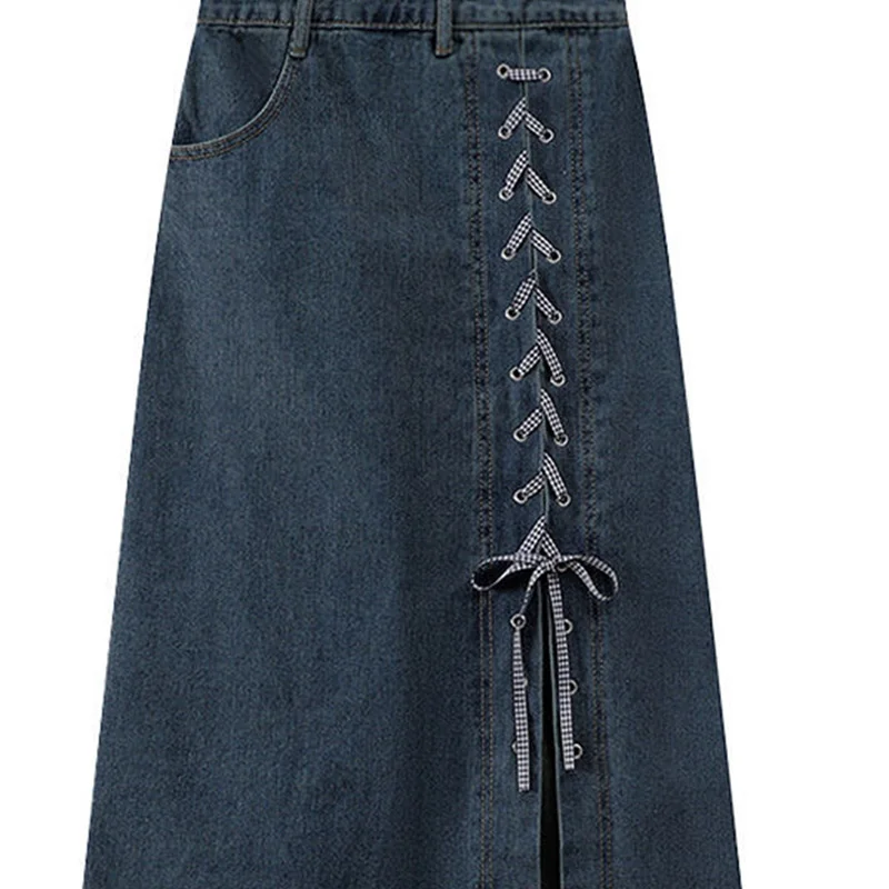 2024 Summer New Style Style Paired with Stand Up Neck Printed Short Sleeve Bow Split Denim Skirt Set of Two for Women