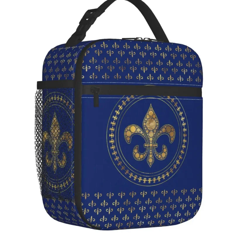 

Fleur De Lys Lily Flower Gold And Royal Blue Insulated Lunch Bags for Camping Travel Cooler Thermal Bento Box Women Children