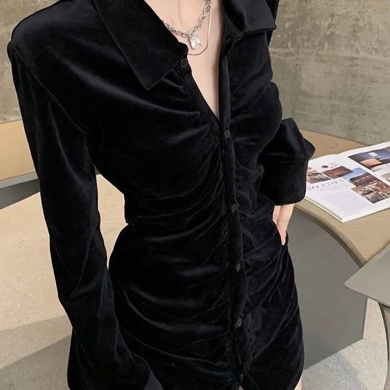 

Vintage Shirts Women Black Velvet Pleated Blouses Korean Elegant Folds Turn Down Collar Long Sleeve Slim Chic Casual Tops