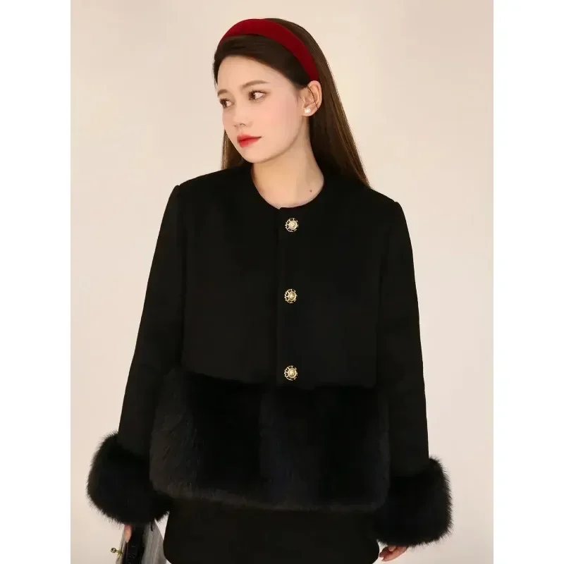 GkyocQ 2024 가을 겨울 두 조각 세트 여성 블랙 모피 스플 라이스 트위드 ..