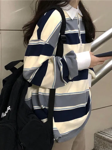 스트라이프 셔츠 캐주얼 레트로 히트 컬러 스웻셔츠, 폴로 칼라 풀오버, 여성 오버사이즈 블라우스, 하라주쿠 레이디 빈티지 프레피 탑 4