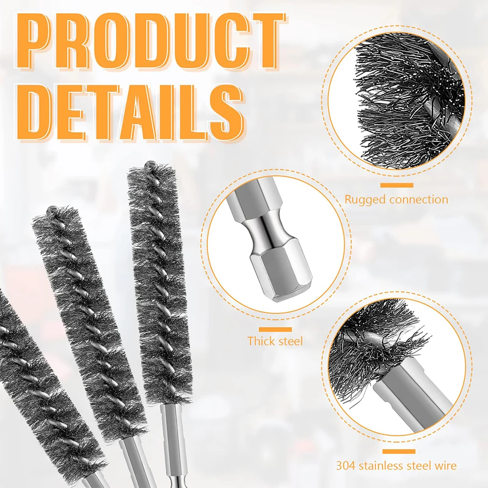 Description Picture 3 of itemSteel Bore Wire Brush Set Twisted Wire Stainless Steel Cleaning Brush 1/4 Inch Hex Shank for Power Drill Impact Driver Washing