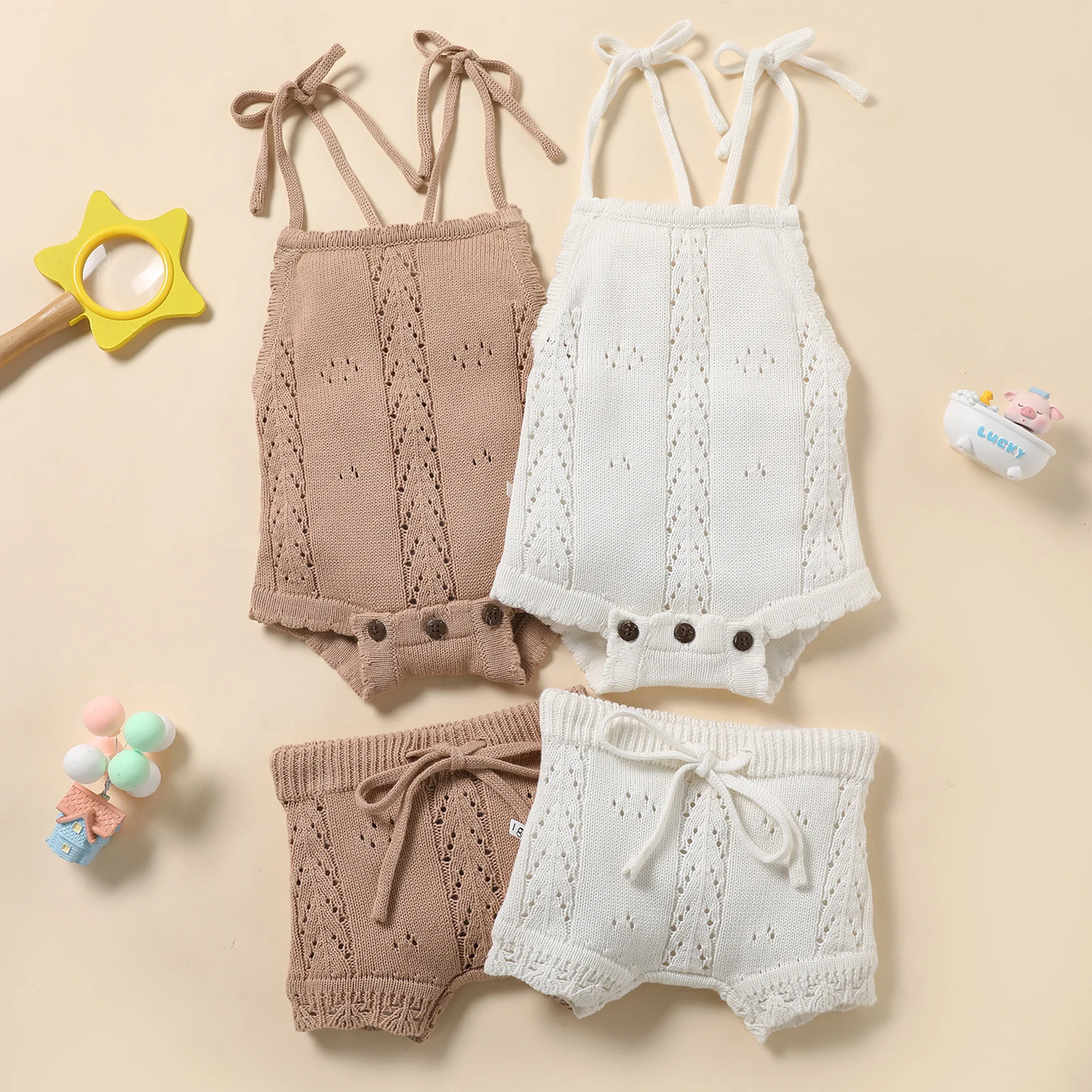 

Newborn Baby Girls Solid Lace-up Knitted Backless Sling Rompers Drawstring Ruffle Brim Shorts Beach Summer Clothes Outfits Sets