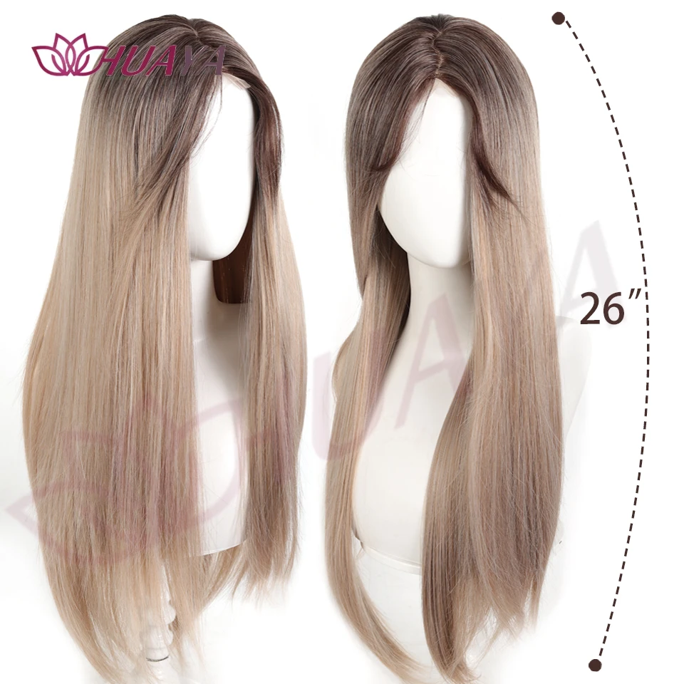 26inch Gray Brown Synthetic Wigs Middle-part Bangs front Lace Long Daily Straight Cosplay Party Wigs for Women Natural Hair