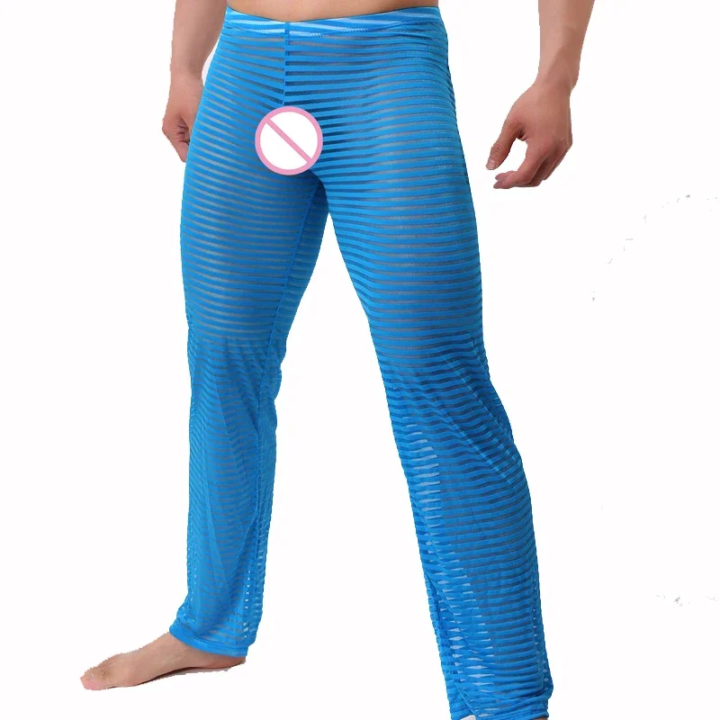 FYXLJJ Mens Sexy Transparent Pantalon Pijama Sleepwear Homme Soft Casual Sleep Bottoms Stripe See Through Pajama Trousers Pants