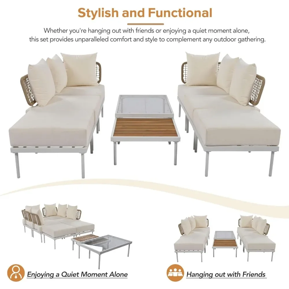 8-Piece Patio Sectional Sofa Set with Tempered Glass Coffee Table and Wooden Coffee Table, Modular Sofa Set for Outdoor Oasis 4