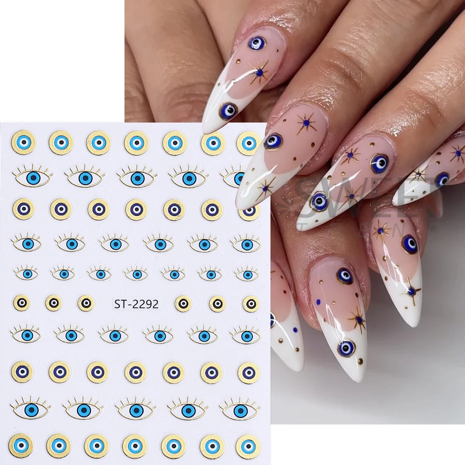 2pcs Blue Gold Evil Eyes Nail Art Stickers 3D Metal Snake Sun Star Line Sliders Design Halloween Nail Decals Manicure Decoration
