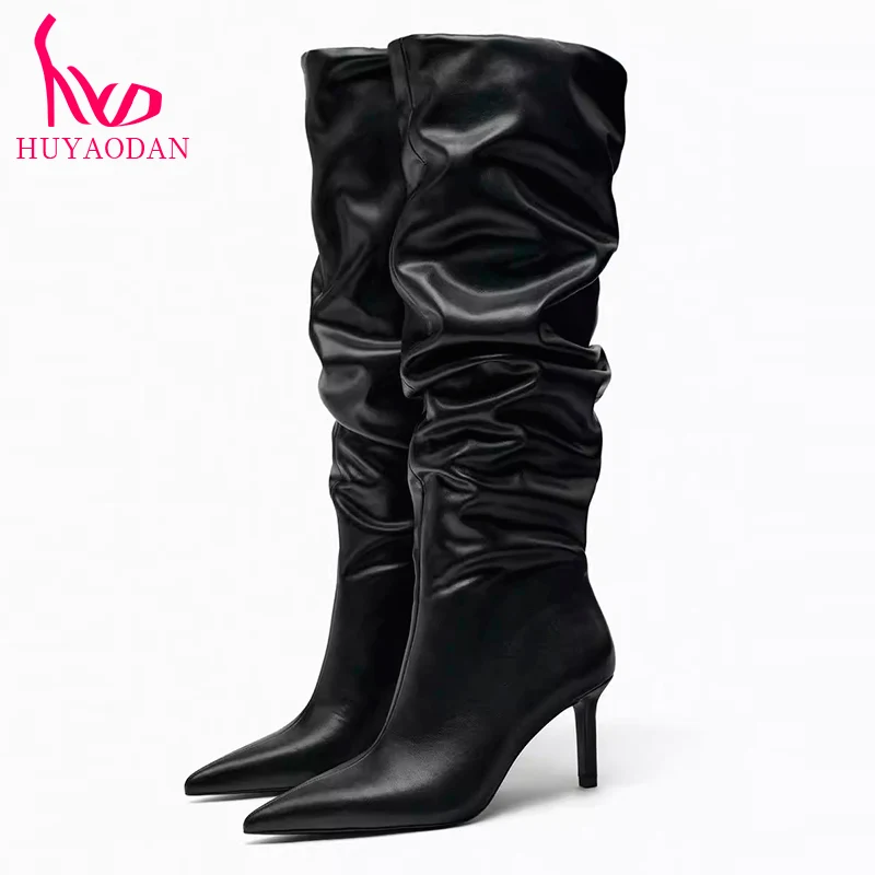 

HUYAODAN Women's 2023 New Sexy High Heels Pointed Toe Black Autumn Winter Warm Mid Calf Boots Dress Party Female Shoes Size 42