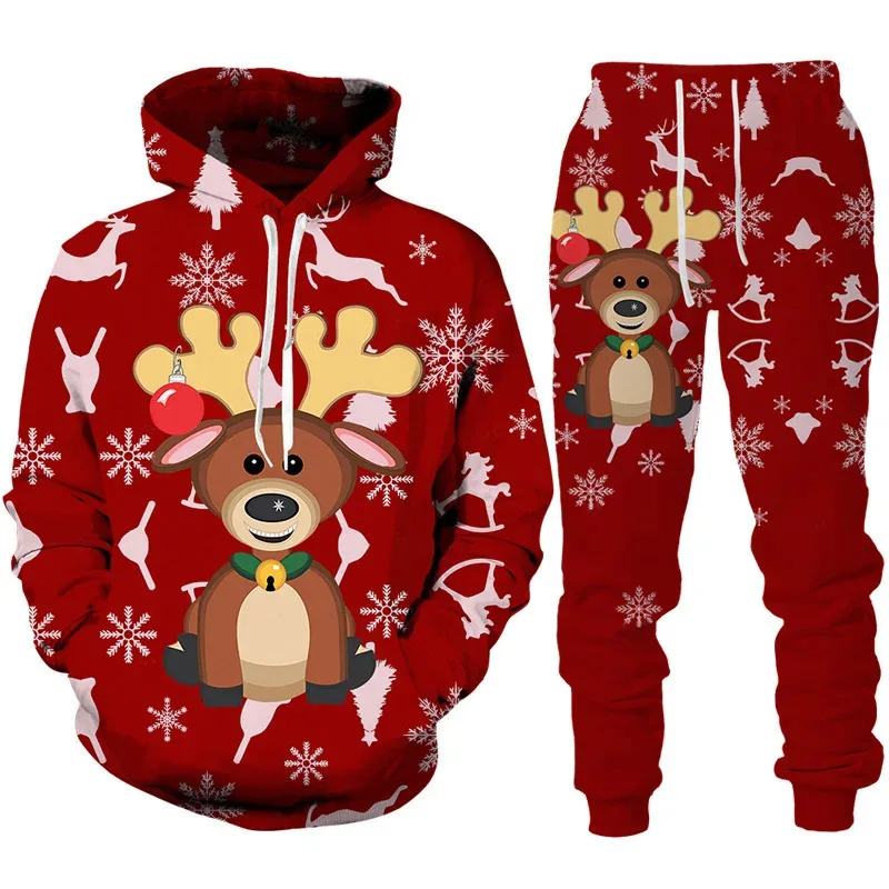 Christmas Reindeer 3D Print Hoodie Pant Sets for Men