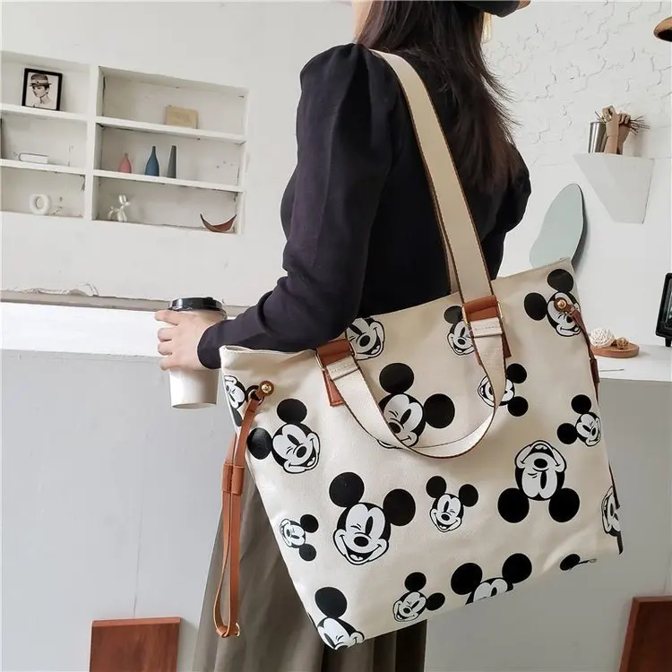 

Disney Large Capacity Canva Bag Summer Casual Tote Bag Women One Shoulder Bag Portable Shopping Bag Girl Cartoon Mickey Tote